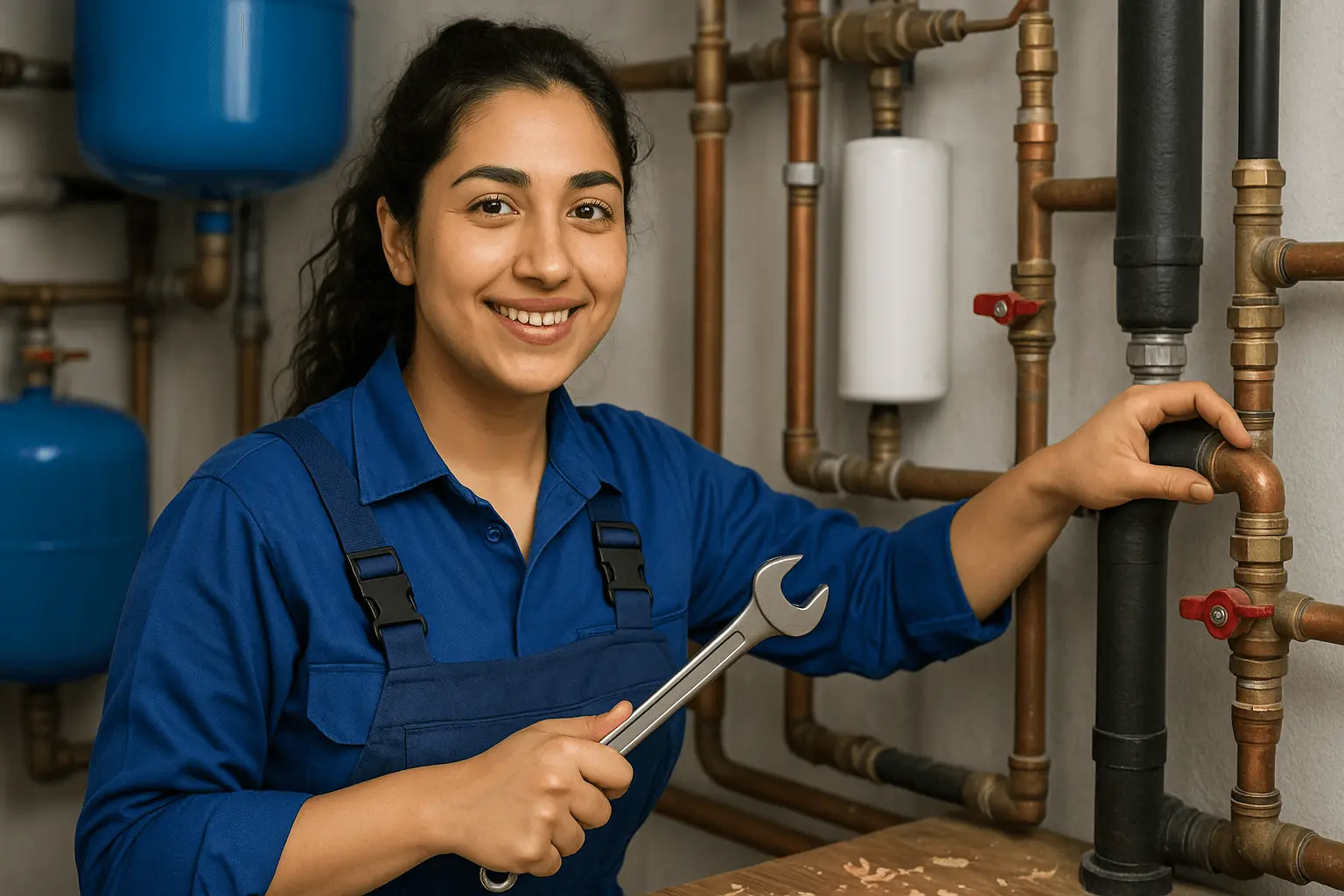 Anlagenmechaniker repariert Heizungsanlage in Technikraum