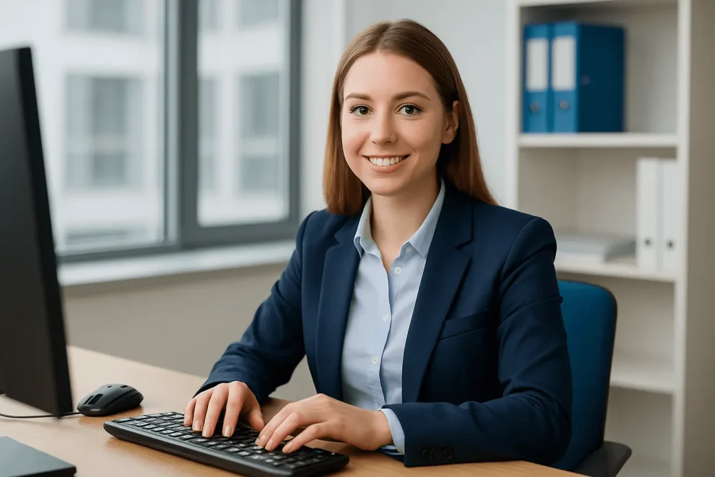 Bankkauffrau berät Kunden am Computer im Bankbüro