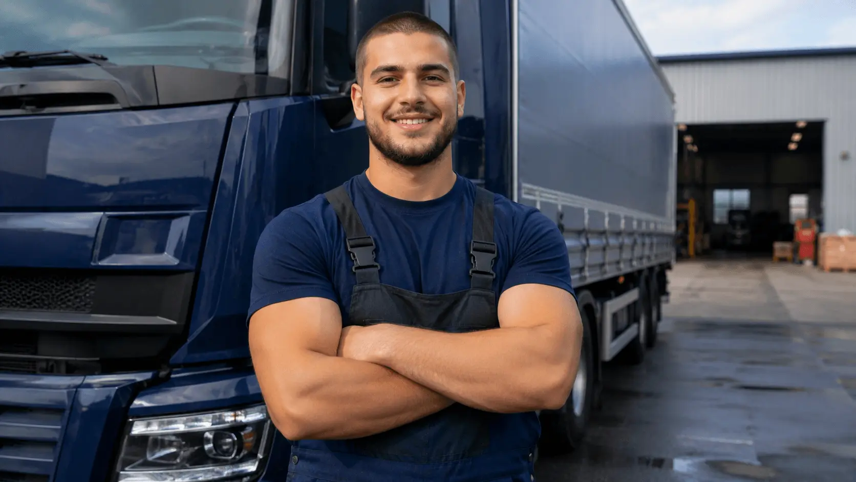 Berufskraftfahrer in Ausbildung am LKW im Logistikbereich