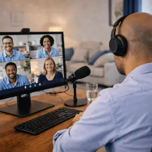 Dozent gibt Online Gruppenunterricht