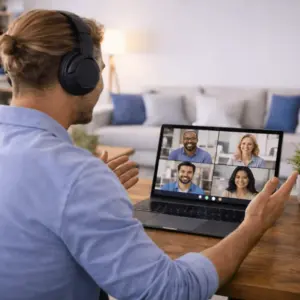 Gruppe nimmt teil an einem Onlinekurs zur Prüfungsvorbereitung