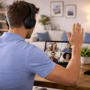 Gruppe nimmt teil an einem Onlinekurs zur Prüfungsvorbereitung