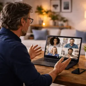 Gruppe nimmt teil an einem Onlinekurs zur Prüfungsvorbereitung