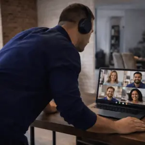 Gruppe nimmt teil an einem Onlinekurs zur Prüfungsvorbereitung