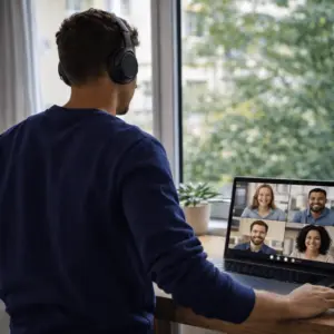 Gruppe nimmt teil an einem Onlinekurs zur Prüfungsvorbereitung