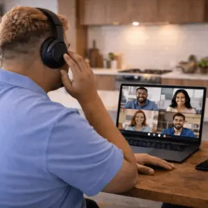 Gruppe nimmt teil an einem Onlinekurs zur Prüfungsvorbereitung