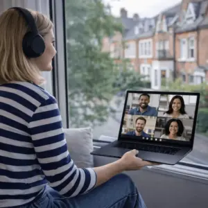 Gruppe nimmt teil an einem Onlinekurs zur Prüfungsvorbereitung