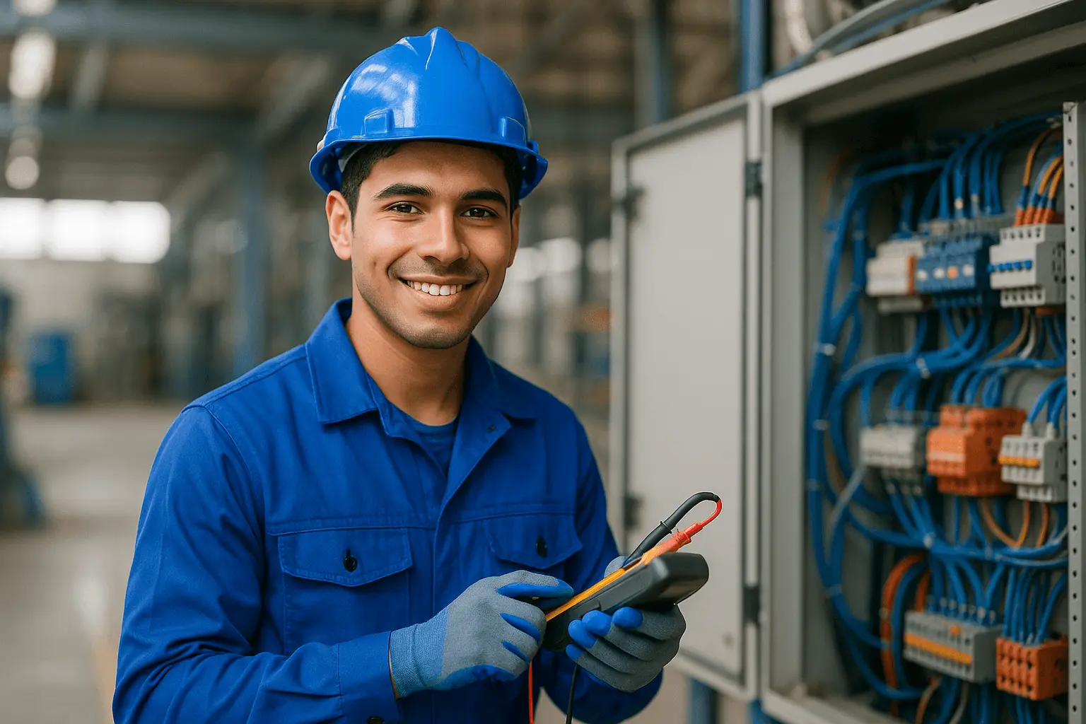 Elektroniker für Betriebstechnik misst Spannung an Anlage