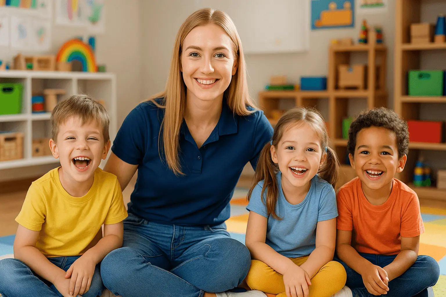 Erzieherin spielt lachend mit Kindern im Kindergarten