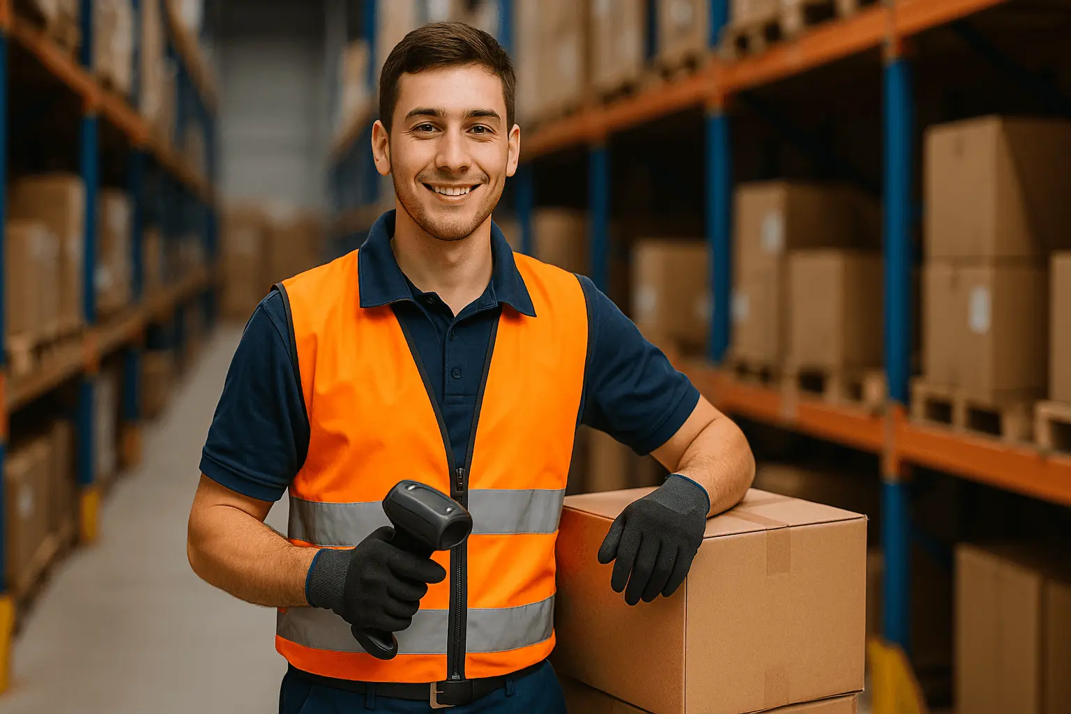 Fachlagerist prüft Kartons mit Scanner im Lager