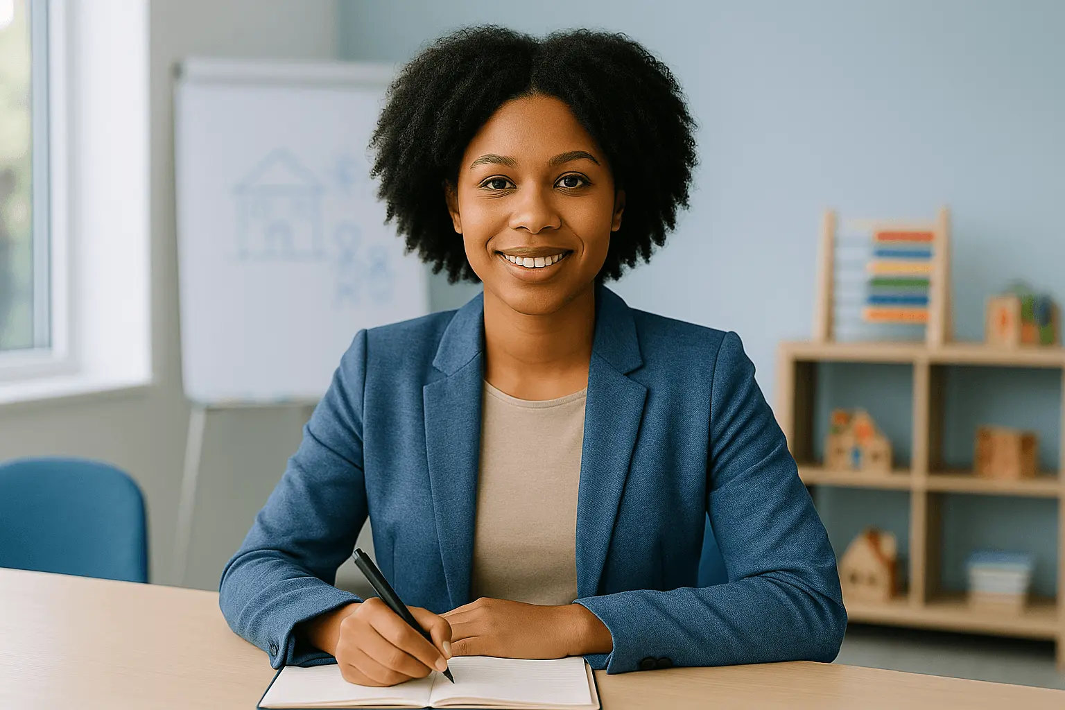 Geprüfte Fachwirtin Erziehungswesen mit Unterlagen in einer Kindertagesstätte