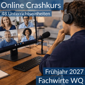 Teilnehmende eines Onlinekurses bereiten sich gemeinsam auf die wirtschaftsbezogenen Qualifikationen für Fachwirte vor.