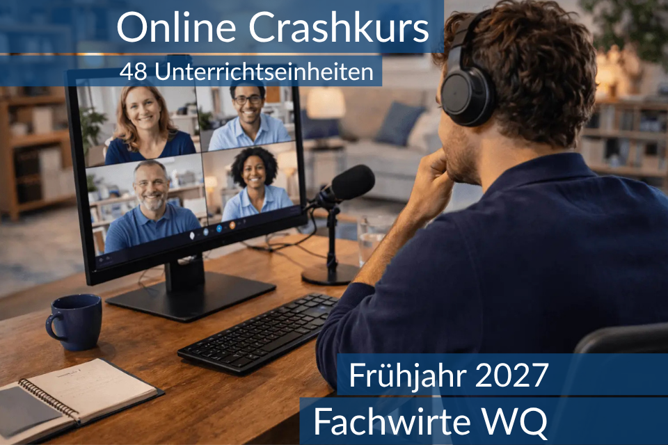 Teilnehmende eines Onlinekurses bereiten sich gemeinsam auf die wirtschaftsbezogenen Qualifikationen für Fachwirte vor.
