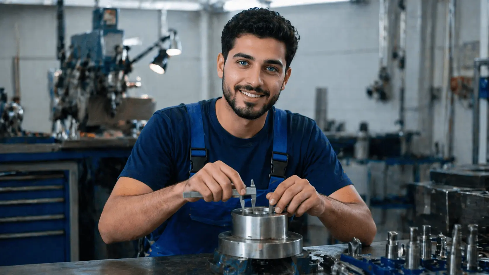 Feinwerkmechaniker misst Metall präzise Werkstatt Portrait