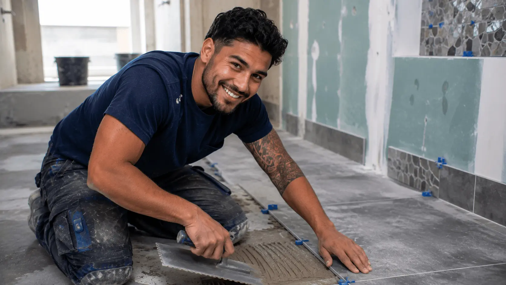 Fliesen-, Platten- und Mosaikleger in Ausbildung auf der Baustelle