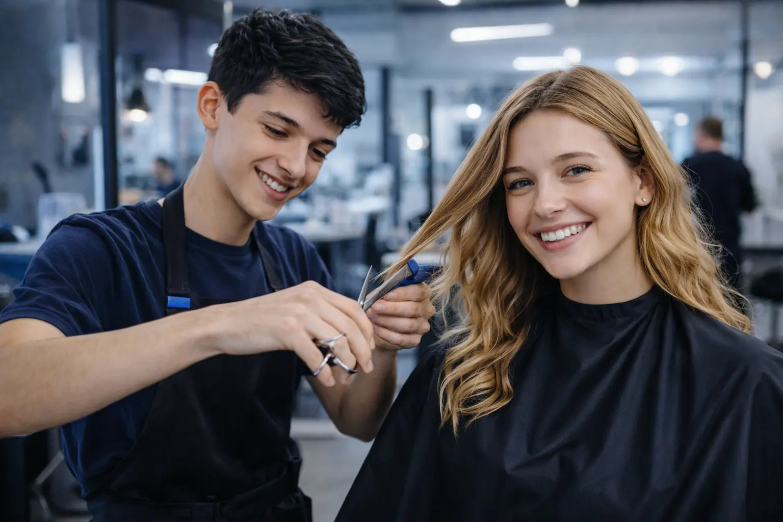 Friseur schneidet Modell die Haare