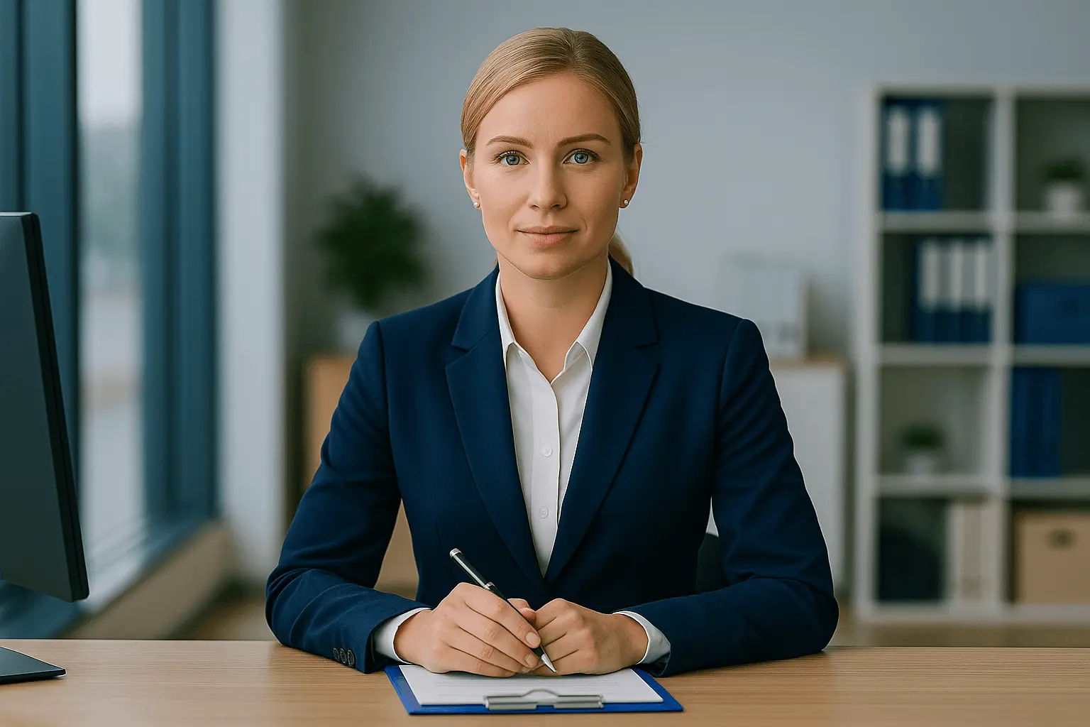 Geprüfte Bankfachwirtin mit Unterlagen im Büro