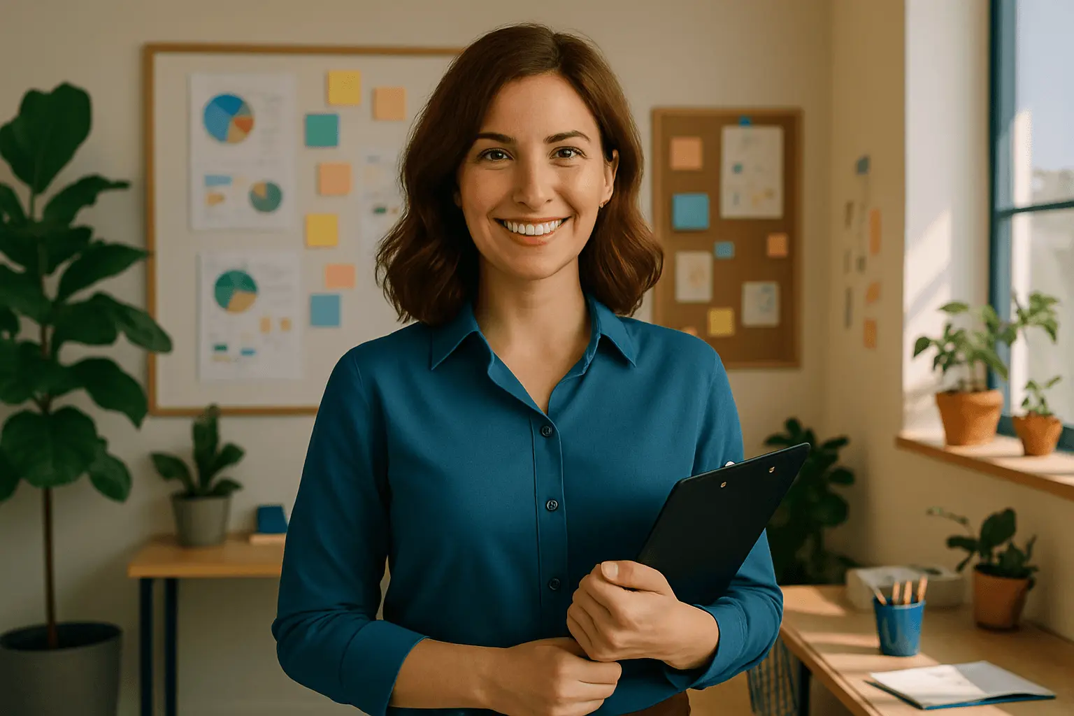 Geprüfte Fachwirtin Marketing plant Strategien im Büro