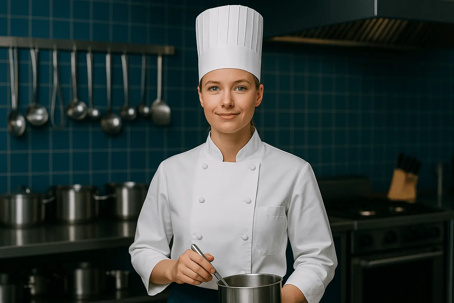 Geprüfte Küchenmeisterin arbeitet in Restaurantküche am Herd