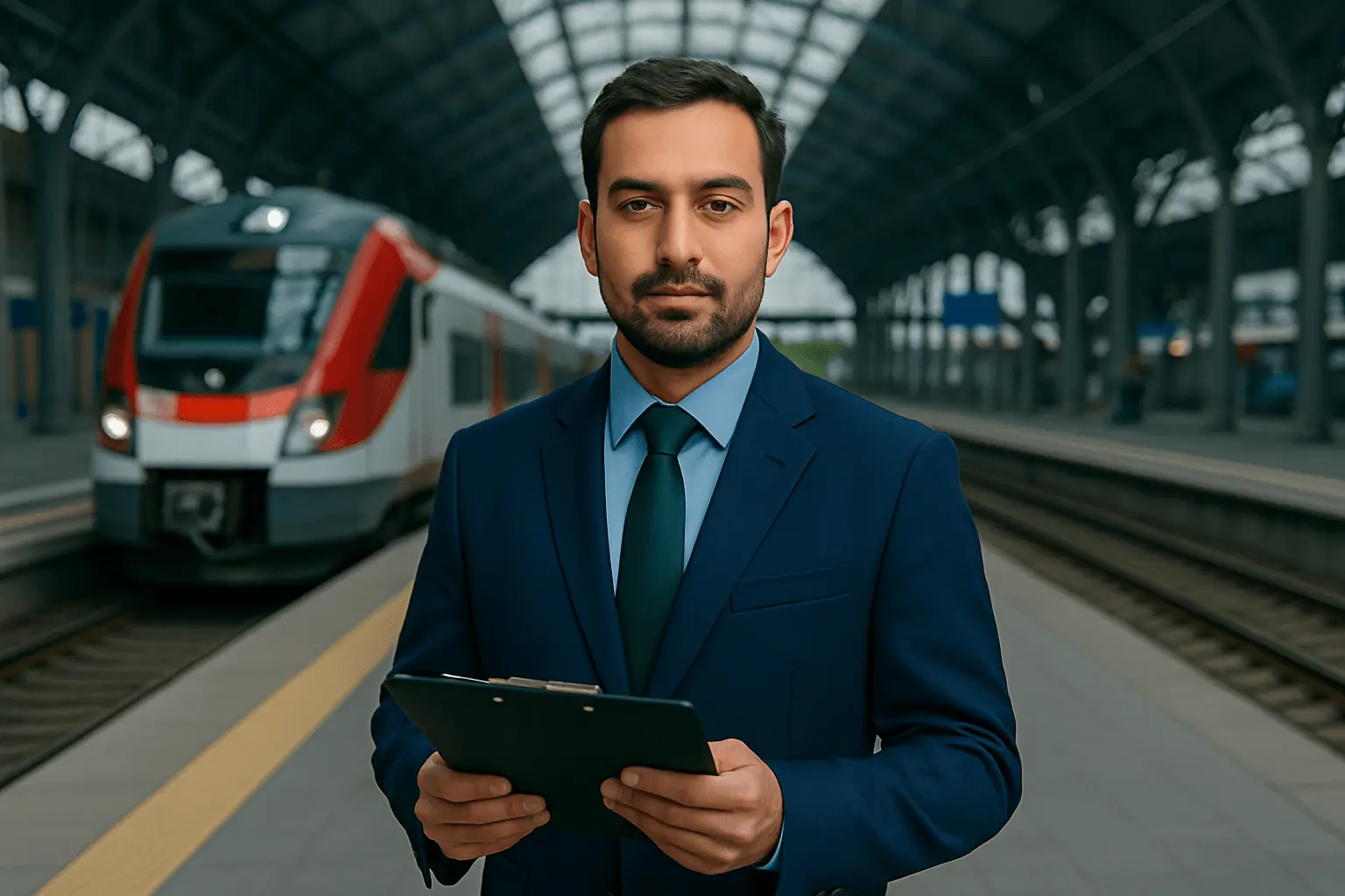 Geprüfter Verkehrsfachwirt überprüft Abläufe am Bahnhof