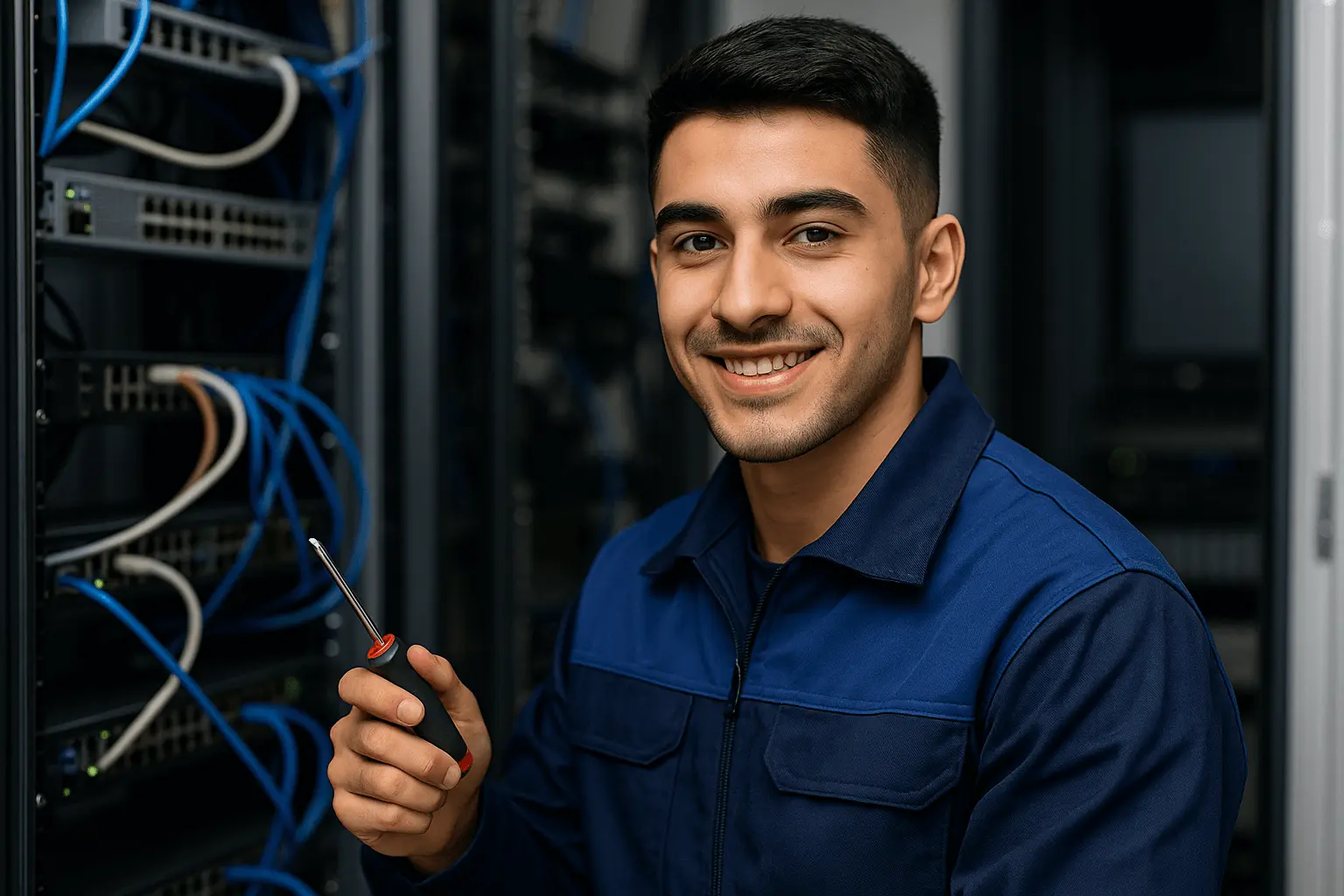 IT-Systemelektroniker überprüft Netzwerkserver mit Schraubendreher