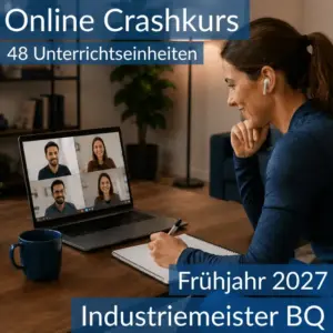 Teilnehmende eines Onlinekurses bereiten sich gemeinsam auf die Basisqualifikationen für Industriemeister vor.
