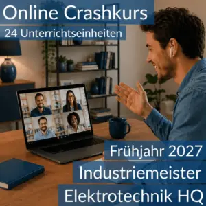 Teilnehmende eines Onlinekurses bereiten sich gemeinsam auf die Inhalte der HQ T1 im Bereich Elektrotechnik vor.