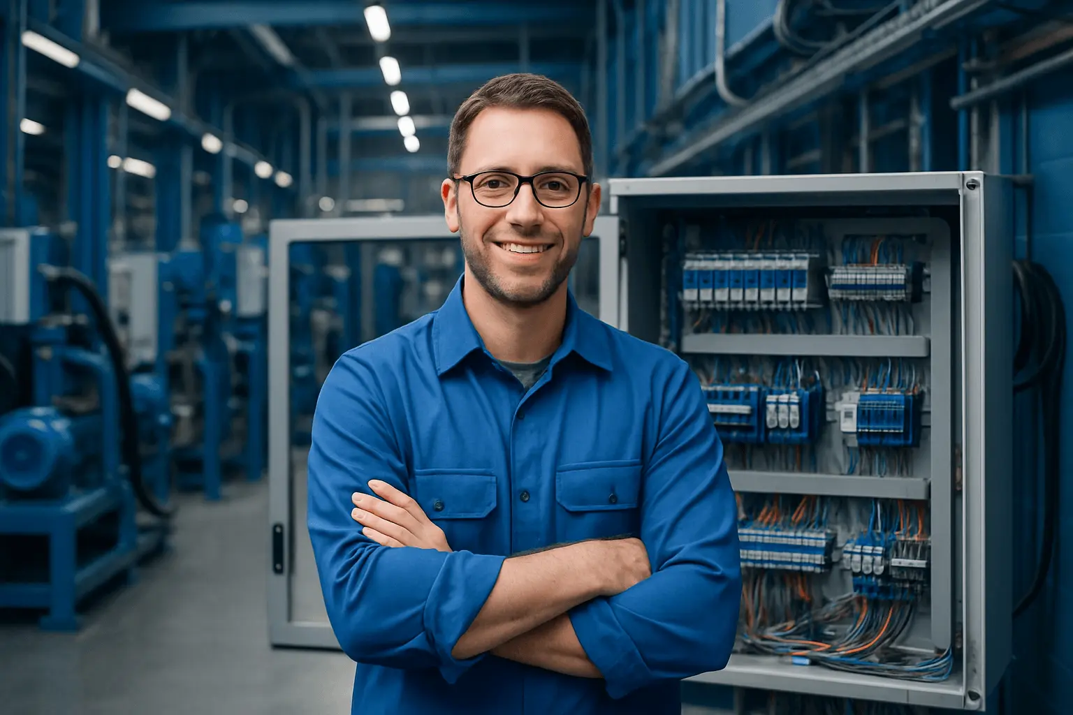 Industriemeister Elektrotechnik vor einem Elektronikkasten