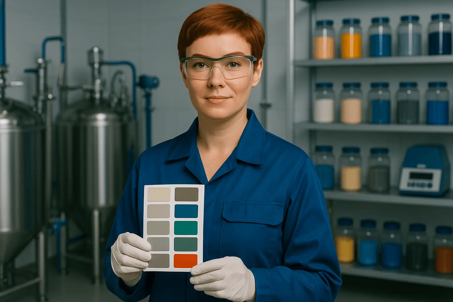 Industriemeisterin Farben und Lacke vor einem Regal mit Farbpulver