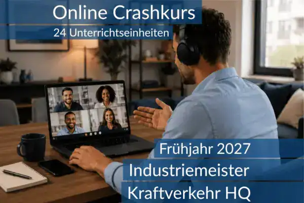 Teilnehmende eines Onlinekurses bereiten sich gemeinsam auf die Inhalte der HQ im Bereich Kraftverkehr vor.