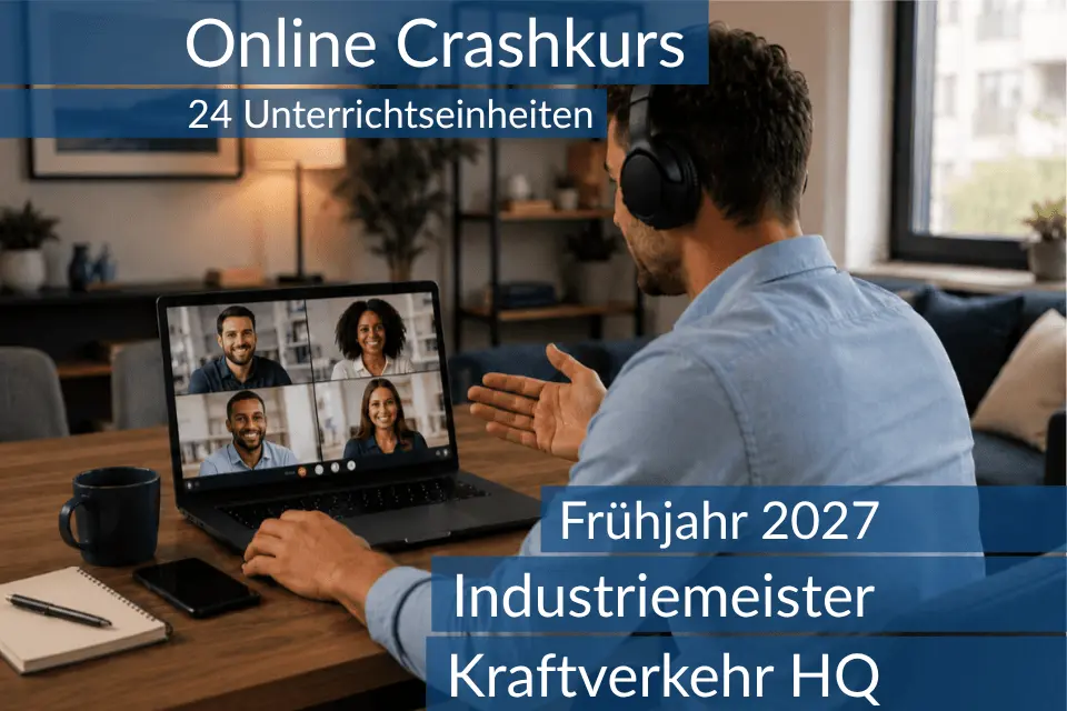 Teilnehmende eines Onlinekurses bereiten sich gemeinsam auf die Inhalte der HQ im Bereich Kraftverkehr vor.