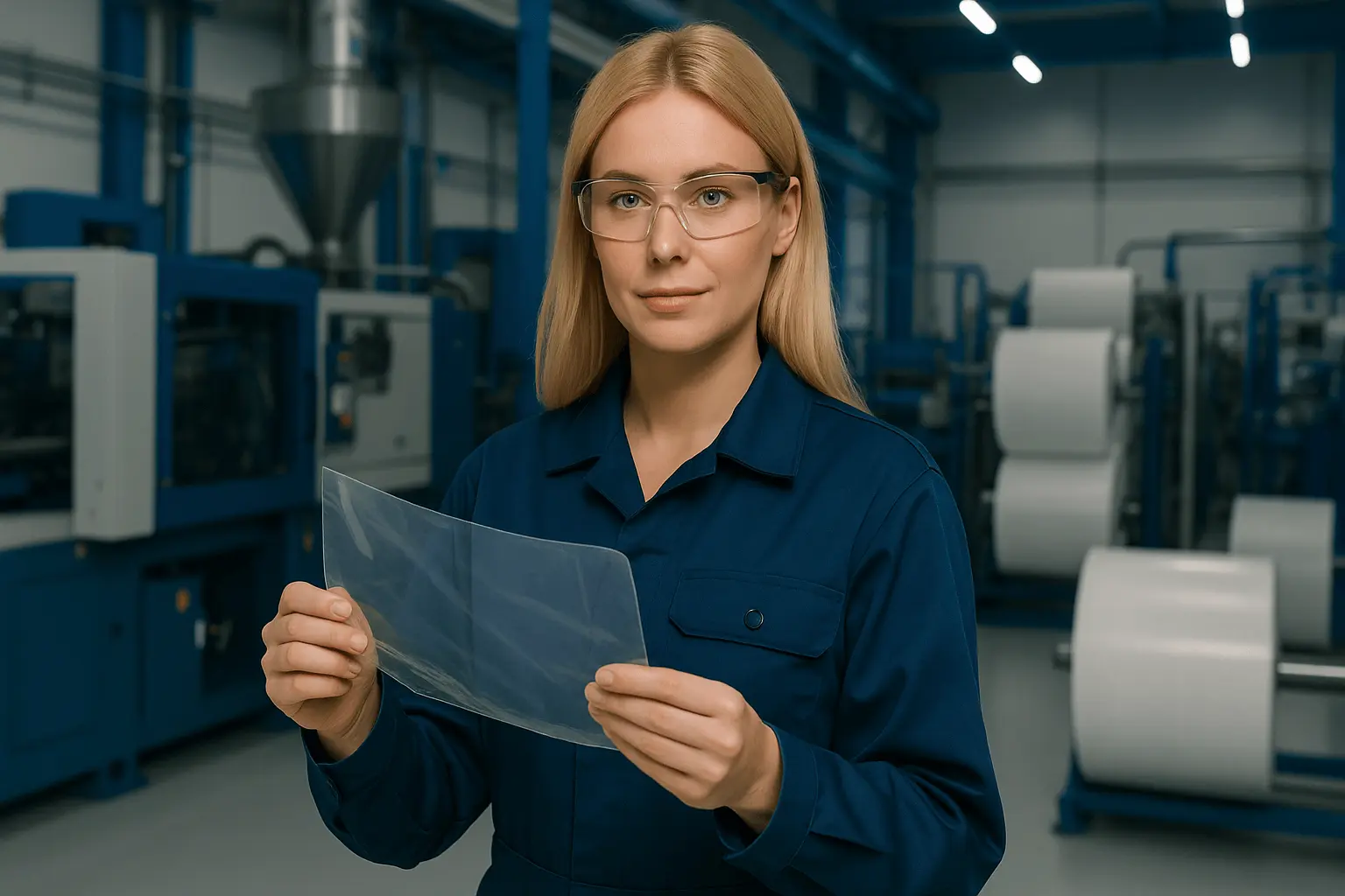 Industriemeisterin Kunststoff und Kautschuk hält Kunststofffolie in den Händen