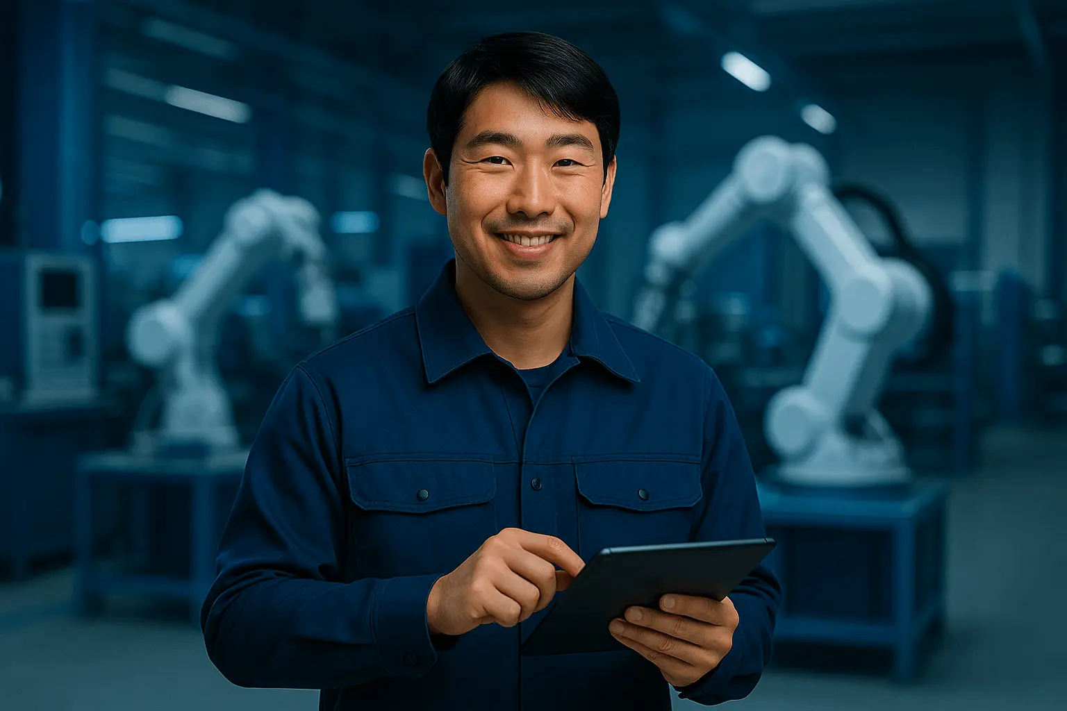 Industriemeister Mechatronik arbeitet mit Robotertechnik