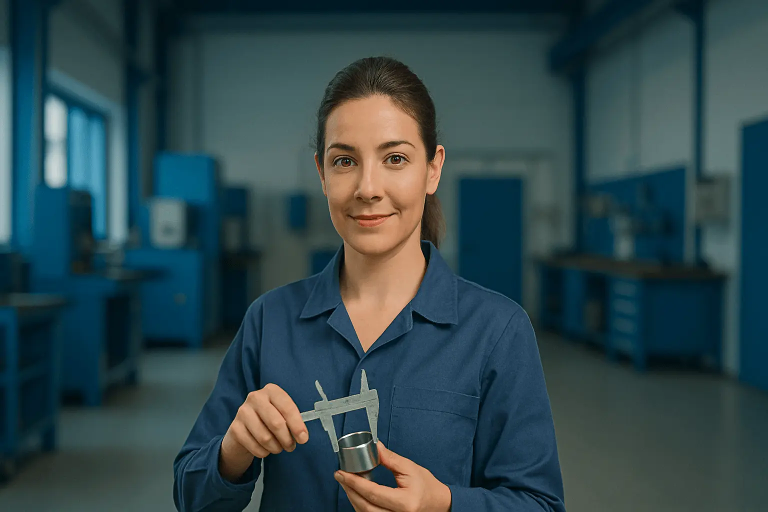 Industriemeisterin Metall prüft ein Metallteil