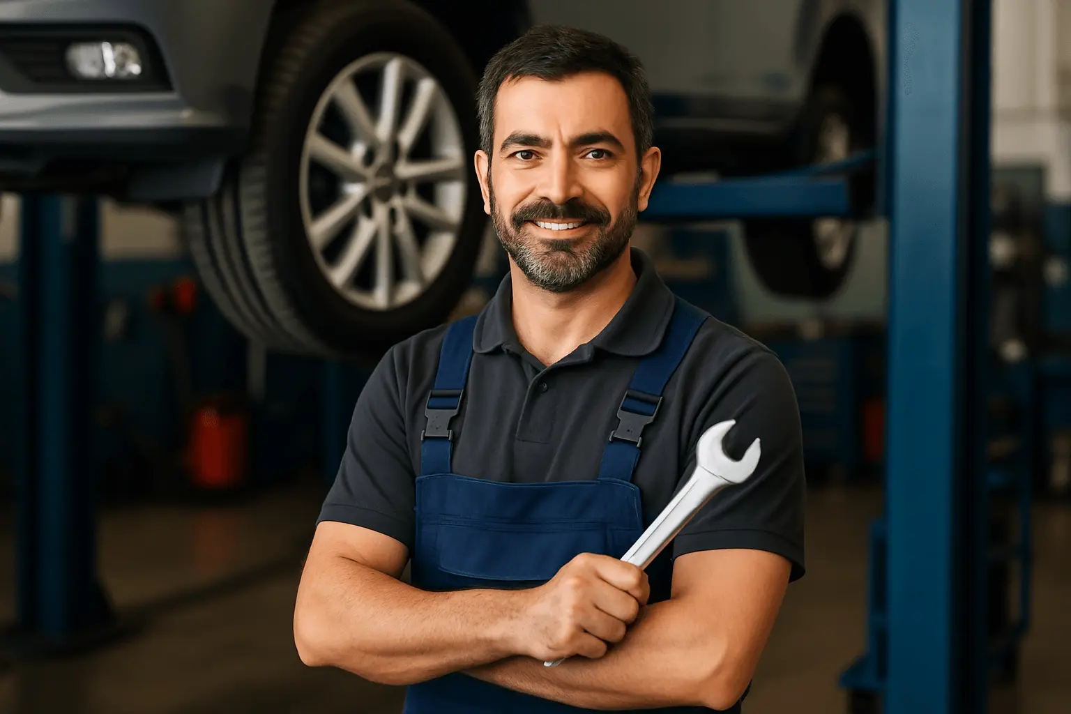 Kfz-Technikermeister überprüft Fahrzeug in moderner Werkstatt