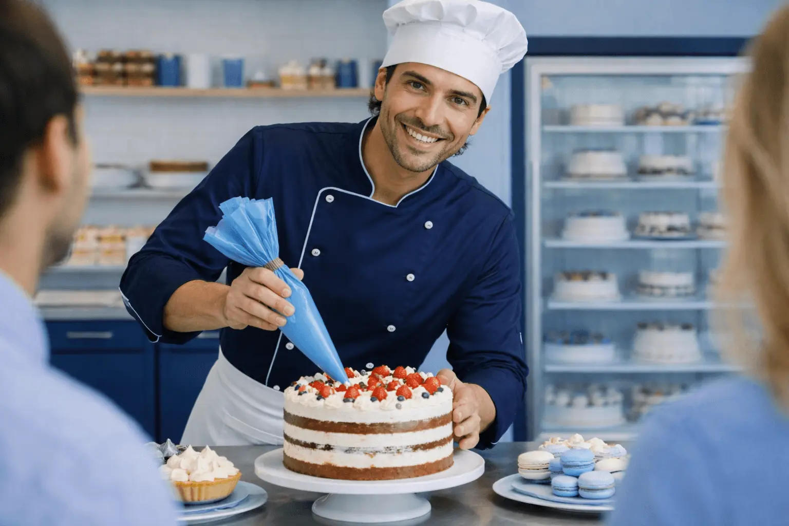 Konditormeister dekoriert Torte in moderner Backstube