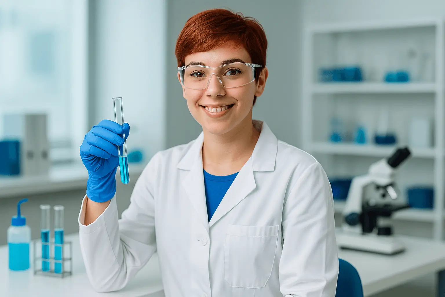 Laborantin hält Reagenzglas mit blauer Flüssigkeit im Labor
