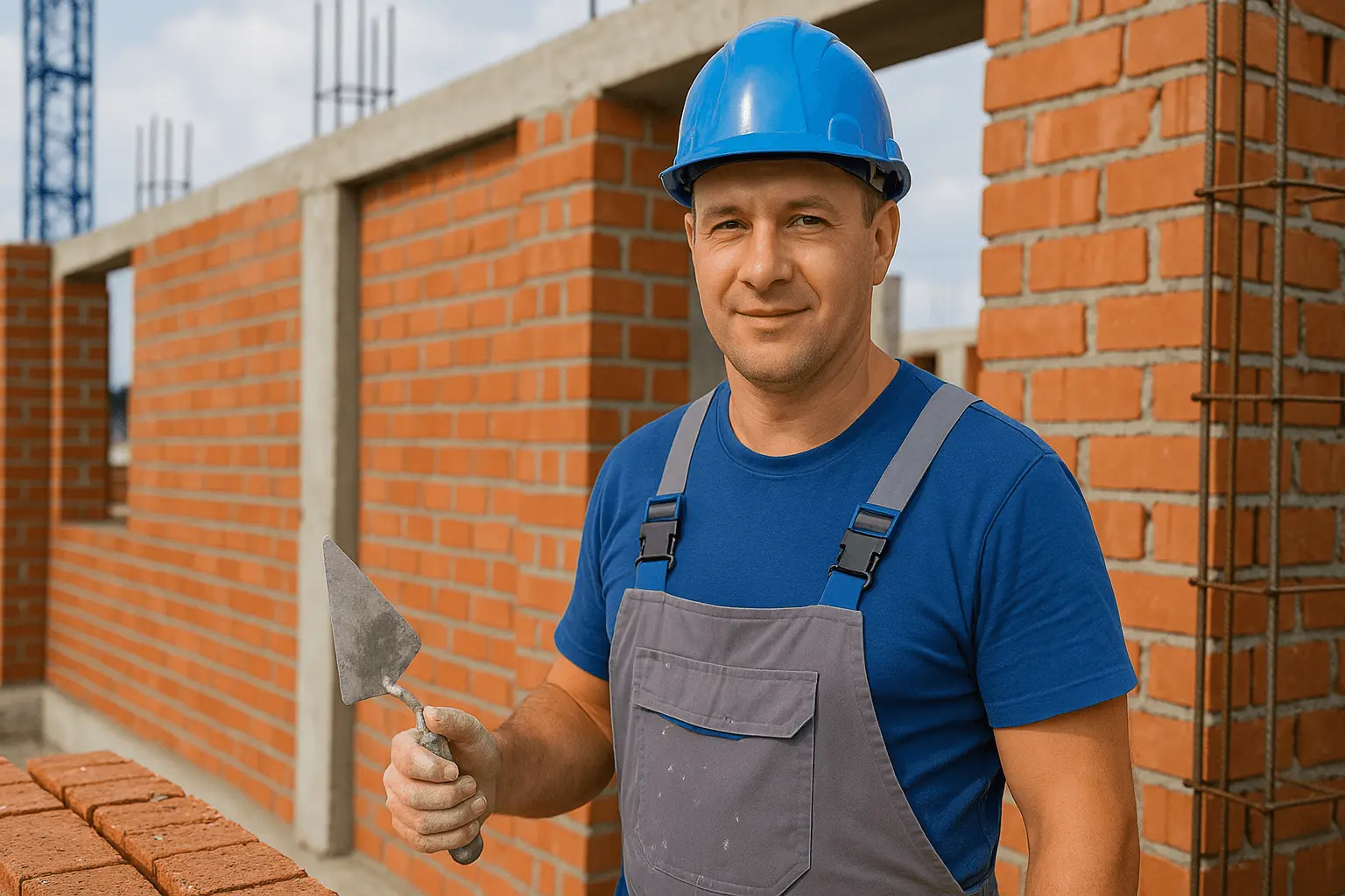 Maurermeister mauert Ziegelwand auf Baustelle