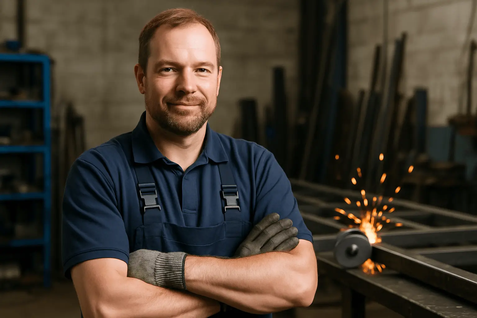 Erfahrener Metallbauermeister arbeitet an Funken sprühender Maschine