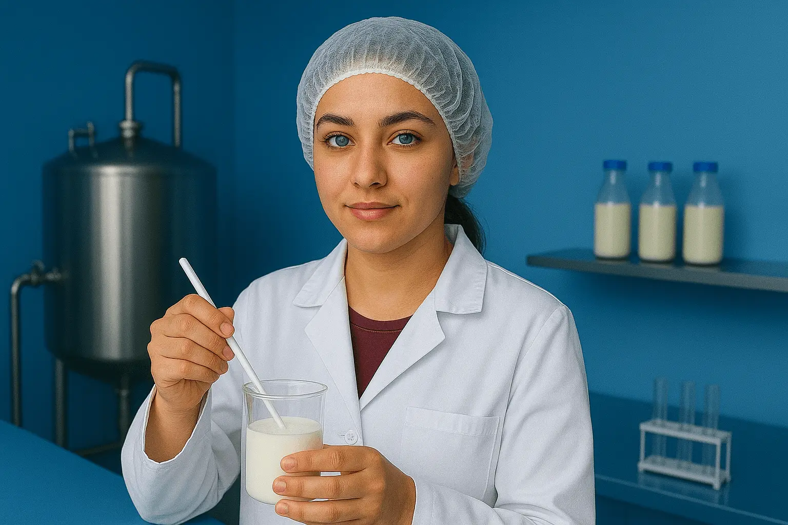 Milchwirtschaftliche Laborantin prüft Milch im Labor
