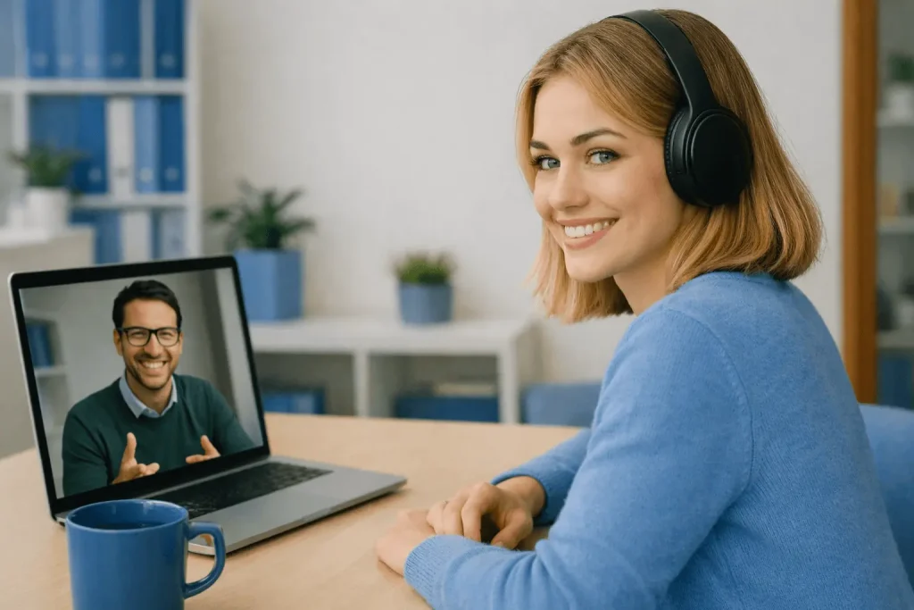 Frau lernt online im Einzelgespräch mit Dozent