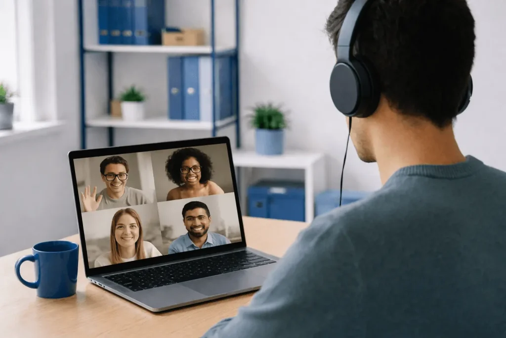 Mann nimmt an Online-Gruppenkurs mit drei Teilnehmenden und einem Dozenten teil