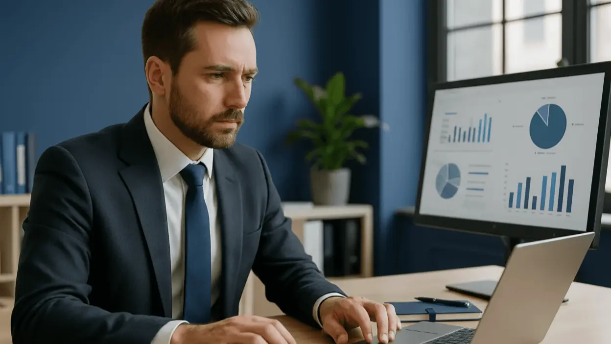 Geprüfter Controller (IHK) wertet Kennzahlen am Bildschirm aus