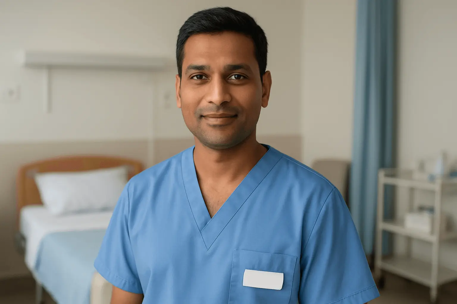 Portrait eines männlichen, indischstämmigen Pflegeassistenten Mitte 30 in blauen Pflege-Arbeitskleidung, freundlich in die Kamera blickend, stehend in einem patientenorientierten Pflegezimmer.