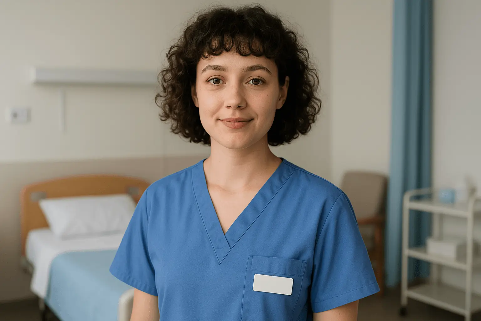 Portrait einer jungen Pflegefachassistentin, etwa 23 Jahre alt, mit kurzen lockigen Haaren und Pony, in blauer Pflegearbeitskleidung, freundlich in die Kamera blickend, stehend in einem hellen patientenorientierten Pflegezimmer.