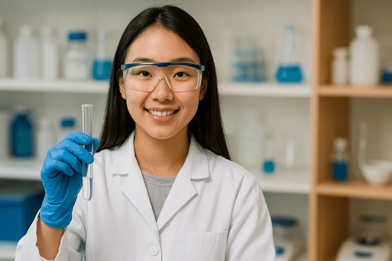 Pharmazeutisch-technische Assistentin hält Reagenzglas im Labor