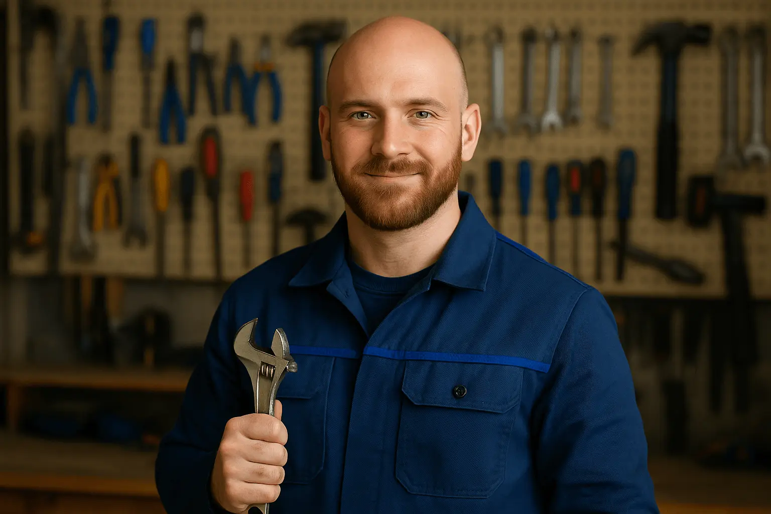 Handwerksmeister mit Werkzeug in der Werkstatt