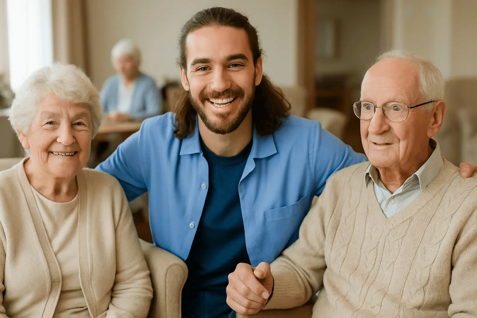 Freundlicher Sozialassistent betreut Senioren im Pflegeheim