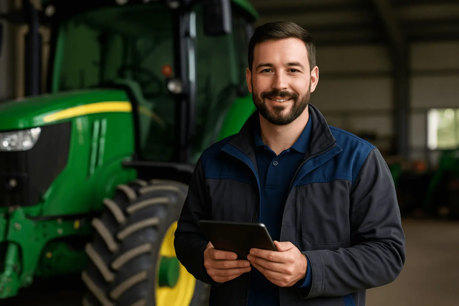 Techniker Agrartechnik steht vor modernem Traktor mit Tablet