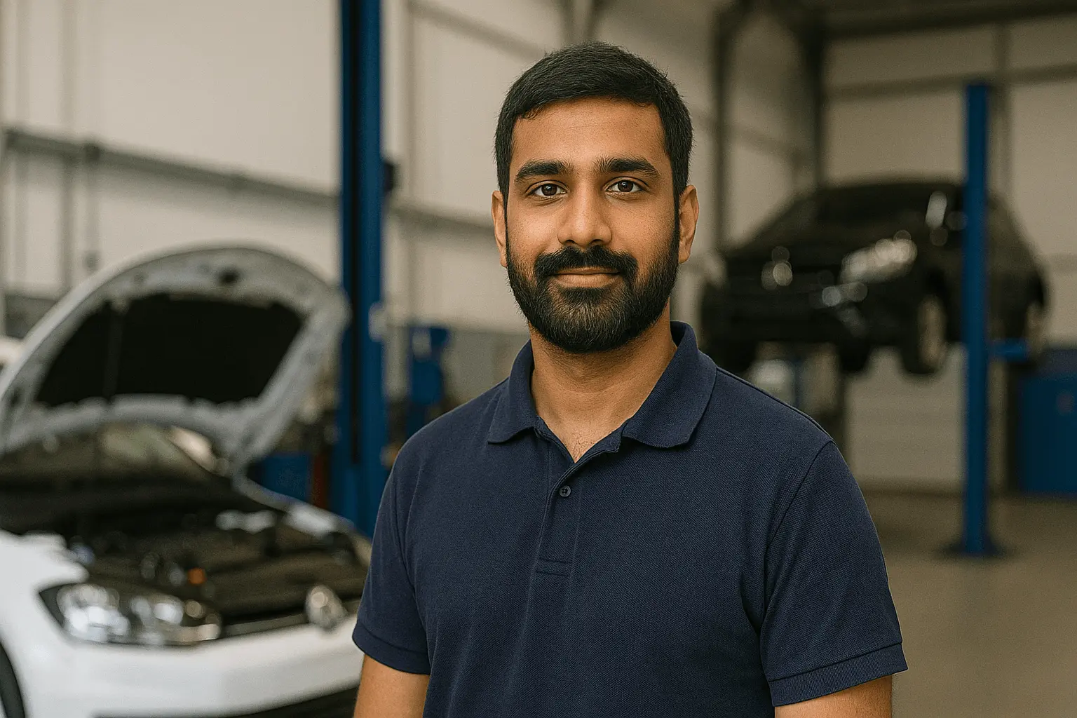 Staatlich geprüfter Techniker Fahrzeugtechnik prüft Auto in Werkstatt